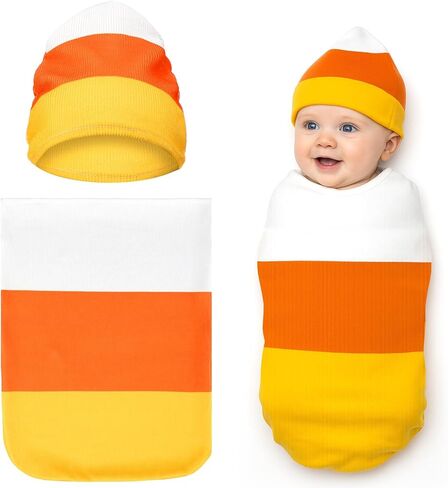 2 Pcs Halloween Candy Corn Costume Set for Infant Candy Corn Crochet Baby Swaddle for Newborn Baby Boys Girls Halloween Cosplay Photography Supplies Photo Props in Kuwait