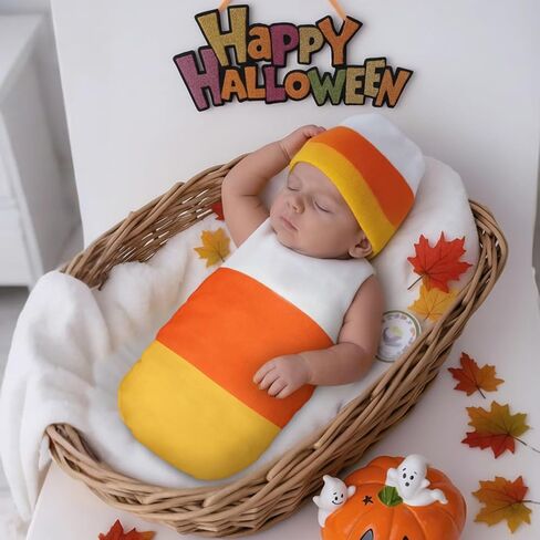 2 Pcs Halloween Candy Corn Costume Set for Infant Candy Corn Crochet Baby Swaddle for Newborn Baby Boys Girls Halloween Cosplay Photography Supplies Photo Props in Kuwait