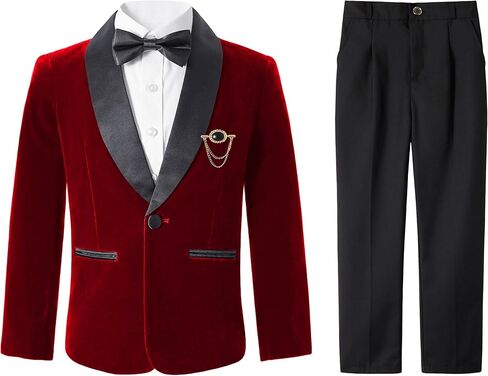 LOLANTA Boys 4 Piece Velvet Suit Formal Tuxedo Kids Slim Fit Blazer Dress Shirt Pants Outfit with Bow Tie in Kuwait