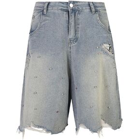 Women Rhinestone Baggy Shorts Mens Wide Leg Denim Jorts Vintage Jean Shorts Hip Hop Loose Fit Jorts Streetwear in Saudi Arabia