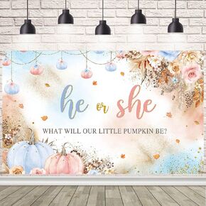 7x5ft Gender Reveal Backdrop He or She What Will Our Little Pumpkin Be Background Pink Blue Pumpkins and Flowers Decorations Banner for Photography in Saudi Arabia