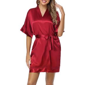 Women Satin Robes Short Lace-Trim Silk Robe Lightweight Bride Bridesmaid Party Robes Ladies Loungewear Sleepwear in Kuwait