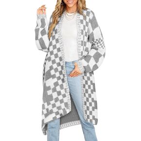 Saodimallsu Womens Checkered Long Cardigans Chunky Oversized Open Front Batwing Sleeve Color Block Knit Sweater Coats in Saudi Arabia