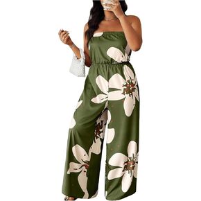 OYOANGLE Women's Plus Size Floral Print Off Shoulder Jumpsuit Strapless Overall Wide Leg Pants in Saudi Arabia