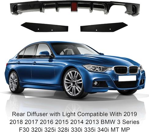 ناشر خلفي مع ضوء متوافق مع 2019 2018 2017 2016 2015 2014 2013 BMW 3 Series F30 320i 328i 330i 340i MT MP 325i 335i M Sport الشفة السفلية السوداء اللامعة (جانب واحد مزدوج الخارج) in Saudi Arabia