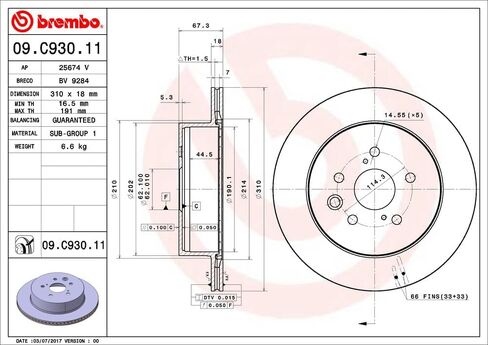 بريمبو 09.C930.11 دوار الفرامل الخلفية المطلي بالأشعة فوق البنفسجية LEXUS/TOYOTA OE # 4243130290 in Saudi Arabia