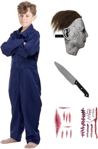 4 قطع زي مايكل للأطفال للأولاد، قناع زومبي، ملصقات الندبات، بذلة، مآزر، دعائم أزياء الهالوين in Saudi Arabia