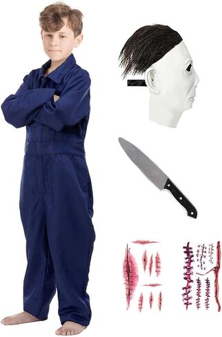 4Pcs Kids Michael Costume for Boys Zombie Mask Scar Stickers Jumpsuit Coveralls Halloween Costumes Props in Saudi Arabia
