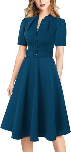 VFSHOW Womens 2024 Business Work Office Pockets Belted Buttons Elegant Fit and Flare A-Line Dress in Saudi Arabia