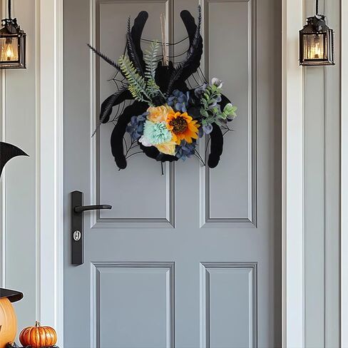 Halloween Spider Wreath with Sunflowers and Black Feathers, Wooden Pendant for Front Door Decoration Fall Halloween Party Decor Supply in Saudi Arabia