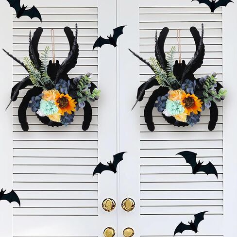 Halloween Spider Wreath with Sunflowers and Black Feathers, Wooden Pendant for Front Door Decoration Fall Halloween Party Decor Supply in Saudi Arabia