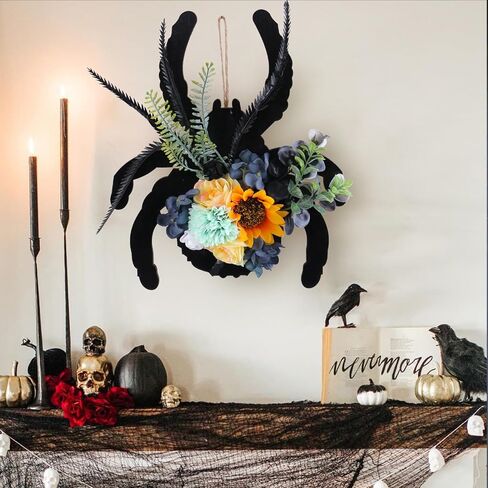 Halloween Spider Wreath with Sunflowers and Black Feathers, Wooden Pendant for Front Door Decoration Fall Halloween Party Decor Supply in Saudi Arabia