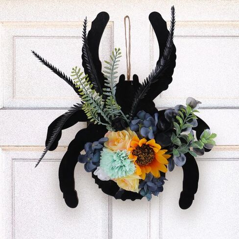 Halloween Spider Wreath with Sunflowers and Black Feathers, Wooden Pendant for Front Door Decoration Fall Halloween Party Decor Supply in Saudi Arabia