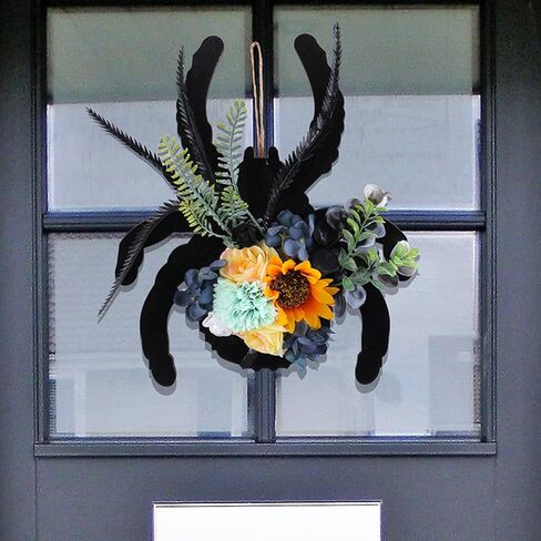 Halloween Spider Wreath with Sunflowers and Black Feathers, Wooden Pendant for Front Door Decoration Fall Halloween Party Decor Supply in Saudi Arabia