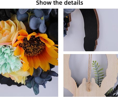 Halloween Spider Wreath with Sunflowers and Black Feathers, Wooden Pendant for Front Door Decoration Fall Halloween Party Decor Supply in Saudi Arabia