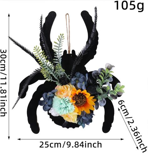 Halloween Spider Wreath with Sunflowers and Black Feathers, Wooden Pendant for Front Door Decoration Fall Halloween Party Decor Supply in Saudi Arabia