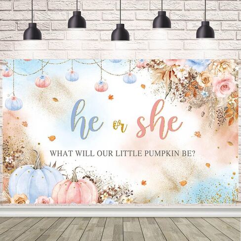 7x5ft Gender Reveal Backdrop He or She What Will Our Little Pumpkin Be Background Pink Blue Pumpkins and Flowers Decorations Banner for Photography in Saudi Arabia