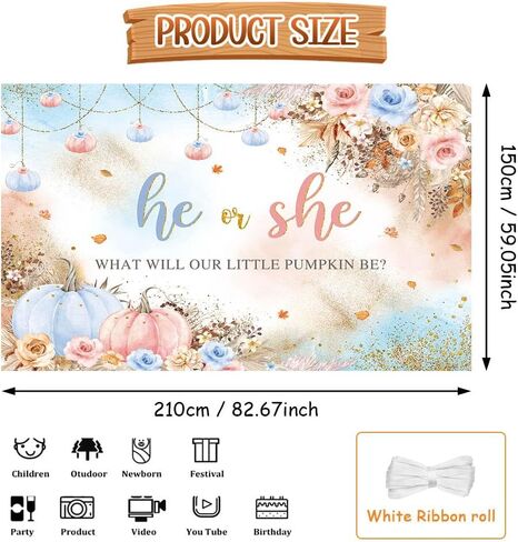 7x5ft Gender Reveal Backdrop He or She What Will Our Little Pumpkin Be Background Pink Blue Pumpkins and Flowers Decorations Banner for Photography in Saudi Arabia