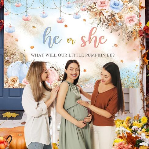 7x5ft Gender Reveal Backdrop He or She What Will Our Little Pumpkin Be Background Pink Blue Pumpkins and Flowers Decorations Banner for Photography in Saudi Arabia