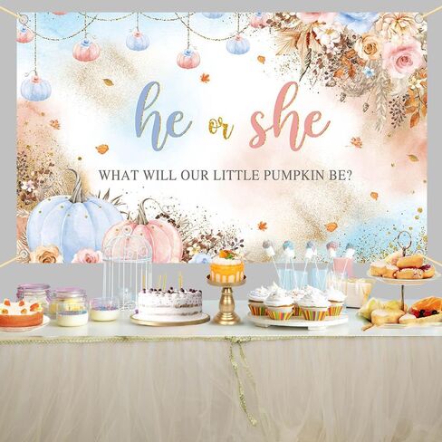 7x5ft Gender Reveal Backdrop He or She What Will Our Little Pumpkin Be Background Pink Blue Pumpkins and Flowers Decorations Banner for Photography in Saudi Arabia