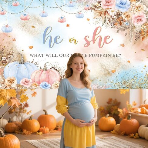 7x5ft Gender Reveal Backdrop He or She What Will Our Little Pumpkin Be Background Pink Blue Pumpkins and Flowers Decorations Banner for Photography in Saudi Arabia