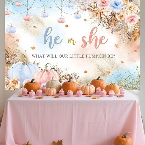 7x5ft Gender Reveal Backdrop He or She What Will Our Little Pumpkin Be Background Pink Blue Pumpkins and Flowers Decorations Banner for Photography in Saudi Arabia