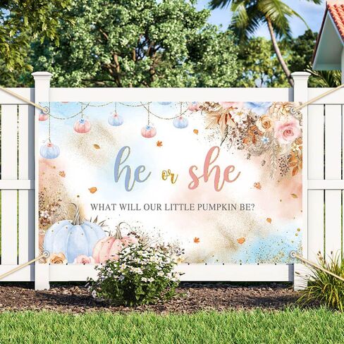 7x5ft Gender Reveal Backdrop He or She What Will Our Little Pumpkin Be Background Pink Blue Pumpkins and Flowers Decorations Banner for Photography in Saudi Arabia