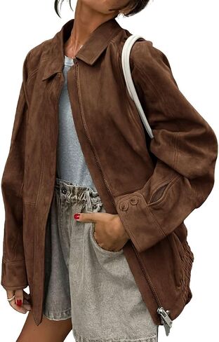 chouyatou Women's Casual Zip Up Faux Suede Leather Bomber Jacket Vintage Motorcycle Coats Fall Y2k Oversized Outerwear in Saudi Arabia