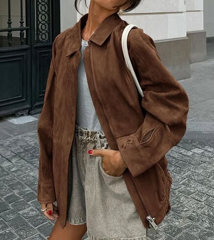 chouyatou Women's Casual Zip Up Faux Suede Leather Bomber Jacket Vintage Motorcycle Coats Fall Y2k Oversized Outerwear in Saudi Arabia