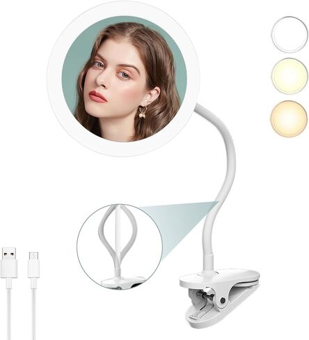 10X Magnifying Clip on Makeup Mirror Gooseneck, 6.5" Vanity Mirror with Light, 2000mAh USB Recharge 360° Rotating,Clip On Gooseneck Magnifying Vanity Mirror with Light,Travel Makeup Mirror (White 10X) in Kuwait