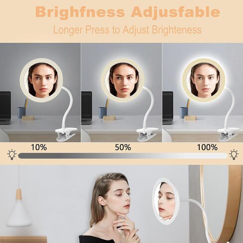 10X Magnifying Clip on Makeup Mirror Gooseneck, 6.5" Vanity Mirror with Light, 2000mAh USB Recharge 360° Rotating,Clip On Gooseneck Magnifying Vanity Mirror with Light,Travel Makeup Mirror (White 10X) in Kuwait