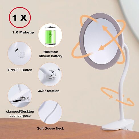10X Magnifying Clip on Makeup Mirror Gooseneck, 6.5" Vanity Mirror with Light, 2000mAh USB Recharge 360° Rotating,Clip On Gooseneck Magnifying Vanity Mirror with Light,Travel Makeup Mirror (White 10X) in Kuwait