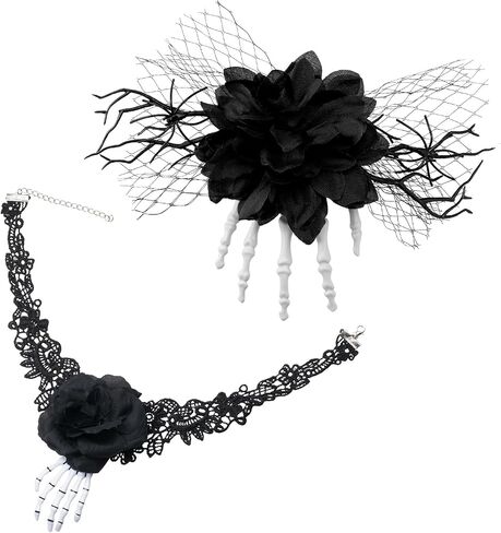 2Pcs Halloween Rose Veil Headband and Black Skeleton Hand Lase Choker, Skull Hair Band Flower Crown Day of The Dead Headpiece in Saudi Arabia