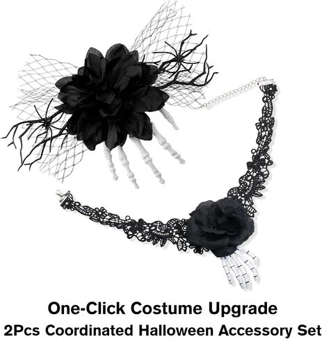 2Pcs Halloween Rose Veil Headband and Black Skeleton Hand Lase Choker, Skull Hair Band Flower Crown Day of The Dead Headpiece in Saudi Arabia
