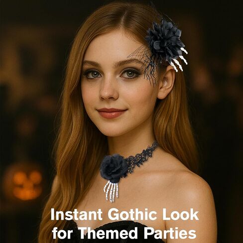 2Pcs Halloween Rose Veil Headband and Black Skeleton Hand Lase Choker, Skull Hair Band Flower Crown Day of The Dead Headpiece in Saudi Arabia
