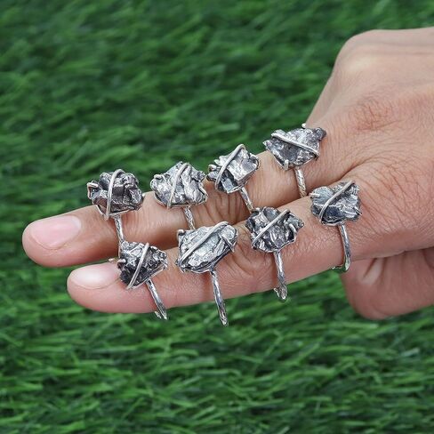 خاتم نيزك خام أصلي من الفضة الإسترليني عيار 925 – خاتم نيزك للجنسين – مجوهرات مصنوعة يدويًا للرجال والنساء in Kuwait