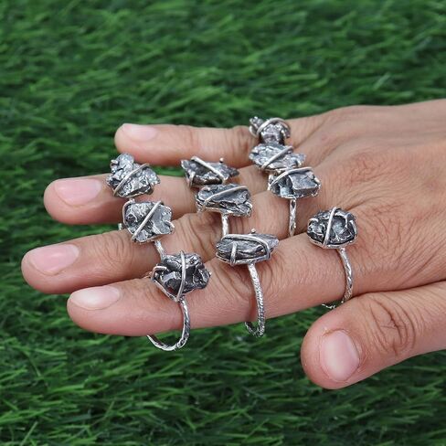 خاتم نيزك خام أصلي من الفضة الإسترليني عيار 925 – خاتم نيزك للجنسين – مجوهرات مصنوعة يدويًا للرجال والنساء in Kuwait