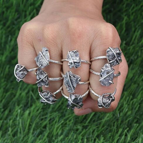 خاتم نيزك خام أصلي من الفضة الإسترليني عيار 925 – خاتم نيزك للجنسين – مجوهرات مصنوعة يدويًا للرجال والنساء in Kuwait