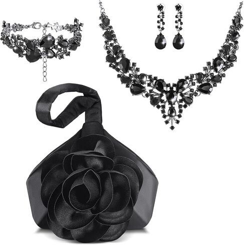 4 Pcs Flower Clutch Purse Black Rhinestone Jewelry Set for Women Satin Flower Evening Bag Crystal Necklace Earrings Bracelet Classy Rose Wristlet Purse for Brides Wedding Formal Prom Party in Saudi Arabia