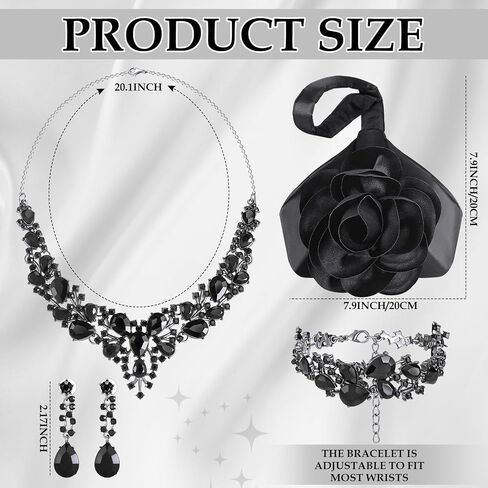 4 Pcs Flower Clutch Purse Black Rhinestone Jewelry Set for Women Satin Flower Evening Bag Crystal Necklace Earrings Bracelet Classy Rose Wristlet Purse for Brides Wedding Formal Prom Party in Saudi Arabia