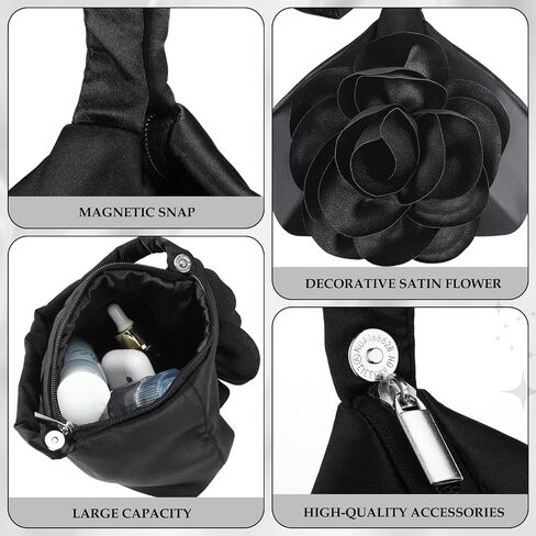 4 Pcs Flower Clutch Purse Black Rhinestone Jewelry Set for Women Satin Flower Evening Bag Crystal Necklace Earrings Bracelet Classy Rose Wristlet Purse for Brides Wedding Formal Prom Party in Saudi Arabia