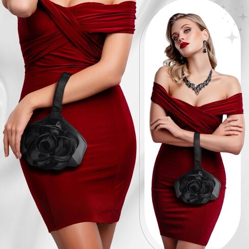 4 Pcs Flower Clutch Purse Black Rhinestone Jewelry Set for Women Satin Flower Evening Bag Crystal Necklace Earrings Bracelet Classy Rose Wristlet Purse for Brides Wedding Formal Prom Party in Saudi Arabia