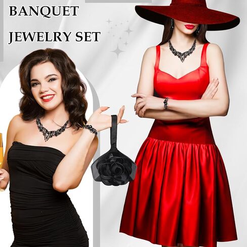 4 Pcs Flower Clutch Purse Black Rhinestone Jewelry Set for Women Satin Flower Evening Bag Crystal Necklace Earrings Bracelet Classy Rose Wristlet Purse for Brides Wedding Formal Prom Party in Saudi Arabia