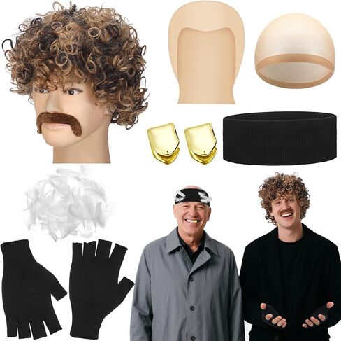 Janinka 8 Pcs Halloween Crime Movies Costume Christmas Funny Movie Costume Include Afro Wig Fake Mustache Bald Cap Plated Gold Tooth Half Finger Black Gloves Wide Knit Headband Feathers for Cosplay in Saudi Arabia