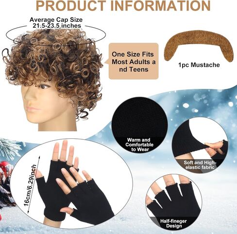 Janinka 8 Pcs Halloween Crime Movies Costume Christmas Funny Movie Costume Include Afro Wig Fake Mustache Bald Cap Plated Gold Tooth Half Finger Black Gloves Wide Knit Headband Feathers for Cosplay in Saudi Arabia