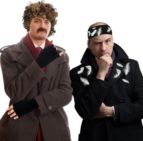 Janinka 8 Pcs Halloween Crime Movies Costume Christmas Funny Movie Costume Include Afro Wig Fake Mustache Bald Cap Plated Gold Tooth Half Finger Black Gloves Wide Knit Headband Feathers for Cosplay in Saudi Arabia