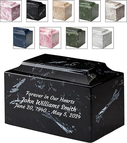 MacKenzie Urn Vault منقوش خصيصًا - يتضمن ما يصل إلى ثلاثة خطوط من النقش المخصص. ستة خطوط مخصصة مختلفة للاختيار من بينها. جرة رخامية مثقفة للبالغين بالحجم الكامل. اللون أبيض وأسود. in Saudi Arabia