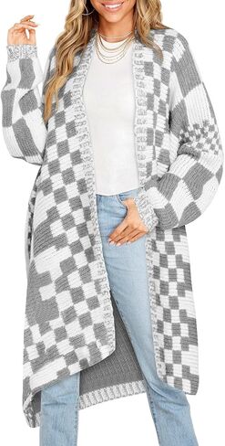 Saodimallsu Womens Checkered Long Cardigans Chunky Oversized Open Front Batwing Sleeve Color Block Knit Sweater Coats in Saudi Arabia