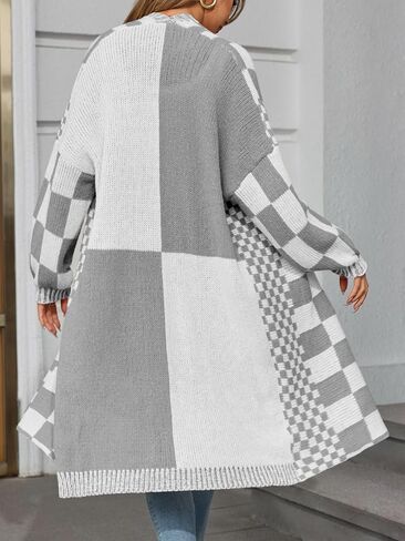 Saodimallsu Womens Checkered Long Cardigans Chunky Oversized Open Front Batwing Sleeve Color Block Knit Sweater Coats in Saudi Arabia