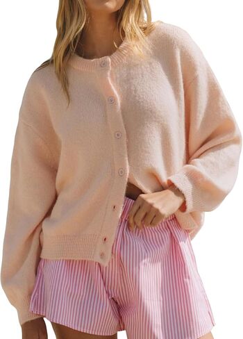 Wyeysyt Women Cardigan Sweater Button Down Long Sleeve Crewneck Soft Knit Sweater Fall Open Front Loose Casual Cardigan in Saudi Arabia